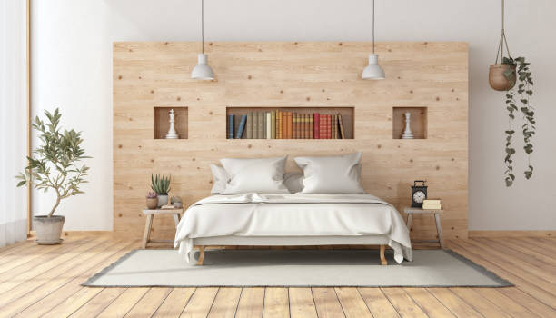 Master bedroom in rustic style Master bedroom in rustic style with minimalist white double bed against wooden wall - 3d rendering
the room does not exist in reality, Property model is not necessary owner's bedroom stock pictures, royalty-free photos & images