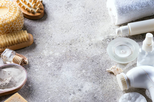 istock White cosmetics face care frame with Eco-friendly bath set on light stone background . Clean and Wellness beauty concept 1178818345