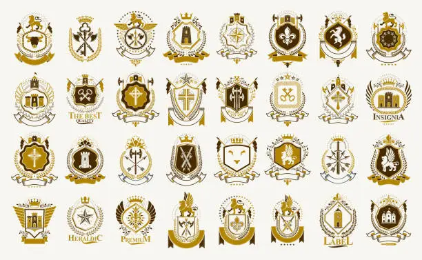 Vector illustration of Vintage heraldic emblems vector big set, antique heraldry symbolic badges and awards collection, classic style design elements, family emblems.