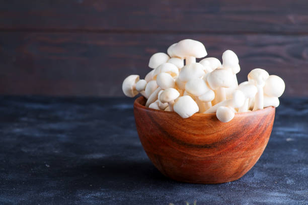 istock White buna-shimeji in wooden rustic bowl on stone dark background 1178821812