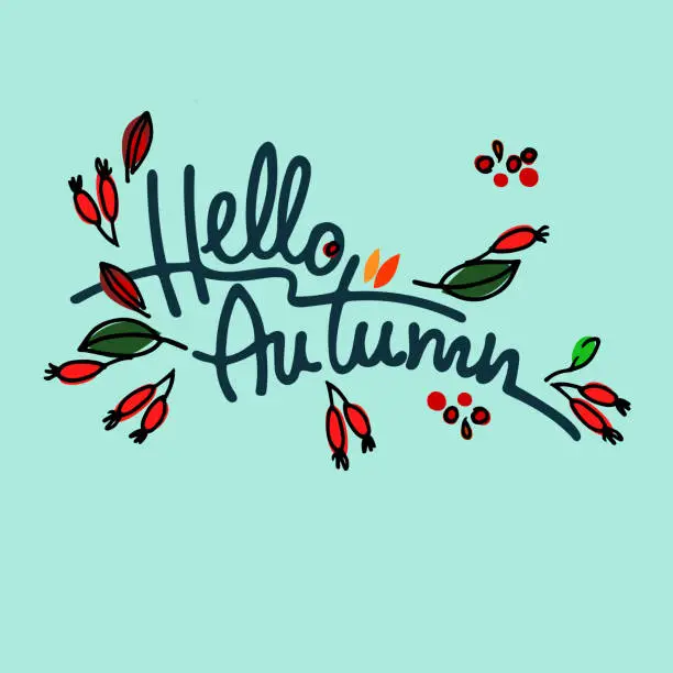 Vector illustration of Autumn seasonal illustration. Hello Autumn lettering decorated with hawthorn against the background of pale blue sky