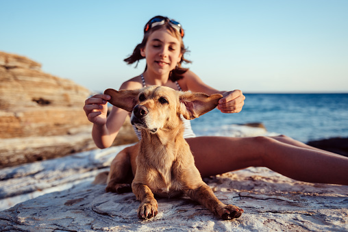 Girl playing with dog ears on the beach by the sea