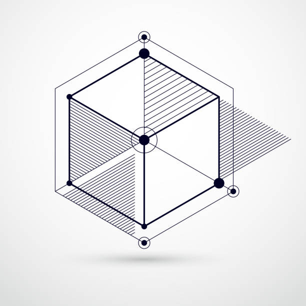 선형 차원 큐브 모양, 벡터 3d 메시 요소와 아이소메트릭 추상 흑백 배경. 큐브, 육각형, 사각형, 사각형 및 다른 추상 요소의 레이아웃입니다. - mesh abstract backdrop backgrounds stock illustrations