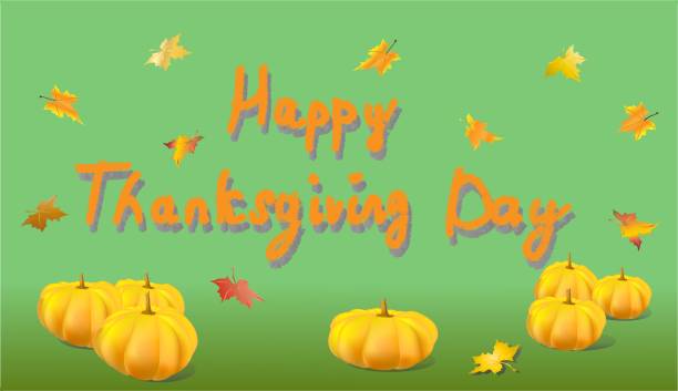 istock Happy Thanksgiving lettering orange pumpkins and maple leaves on a green gradient 1178825770