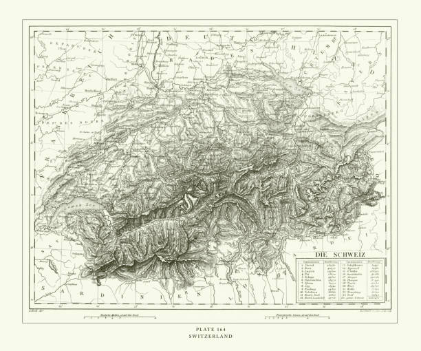гравировка antique, швейцария гравировка античная иллюстрация, опубликовано 1851 - map switzerland cartography mountain stock illustrations