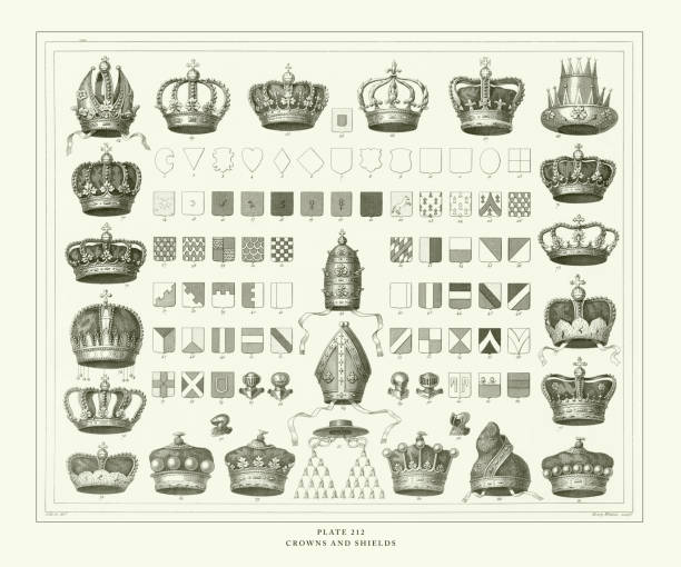 гравировка антиквариата, корон и щитов гравировка античная иллюстрация, опубликовано 1851 - coat of arms france nobility french culture stock illustrations