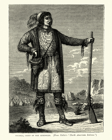 Vintage engraving of Osceolam, Chief of the Seminole people, 19th Century. Osceola (1804 – January 30, 1838, Asi-yahola in Creek), named Billy Powell at birth in Alabama, became an influential leader of the Seminole people in Florida.