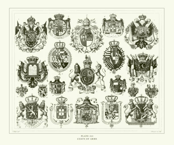 ilustraciones, imágenes clip art, dibujos animados e iconos de stock de grabado antiguo, escudos de armas grabado ilustración antigua, publicado 1851 - frame ornate old fashioned shield
