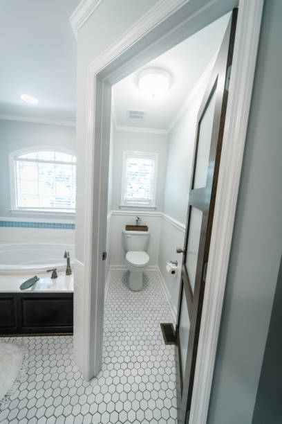istock Spacious light blue tiled vintage retro bathroom that needs an update. Separate toilet area 1178827040