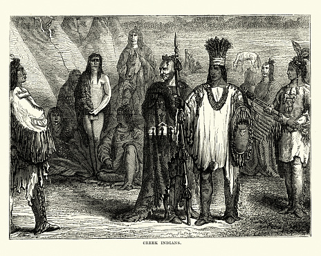 Vintage engraving of Creek (Muscogee) Native Americans, early 19th Century. The Muscogee, also known as the Mvskoke, Creek and the Muscogee Creek Confederacy, are a related group of indigenous peoples of the Southeastern Woodlands