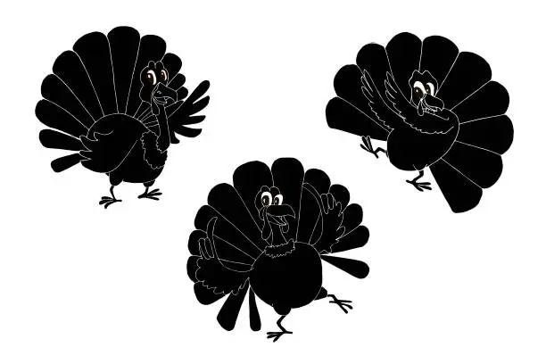 Vector illustration of Turkey black siluet set. Funny cartoons dancing farm birds art design