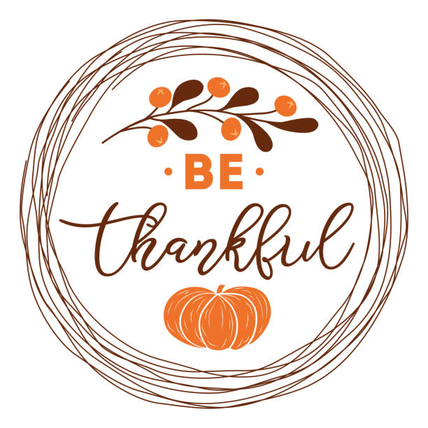 Be thankful text decorated fall branch with berry pumpkin into circle wreath orange brown autumn colors Thanksgiving day vector art illustration