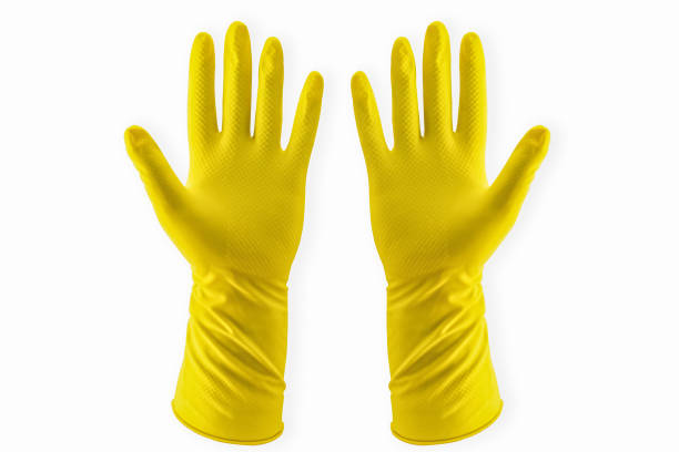 amarelo doméstico luva de borracha par para limpeza descartável - kitchen glove - fotografias e filmes do acervo