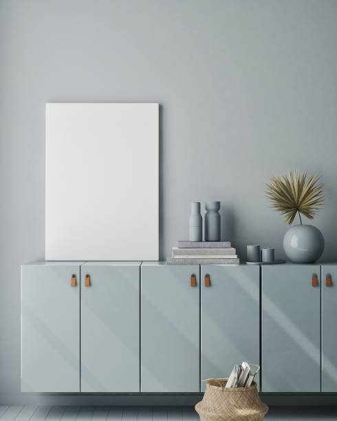 istock mock up poster frame in modern monochrome interior background, scandinavian style, 3D render 1178830179