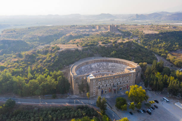 Aerial view of Aspendos Theater  in Antalya Turkey. Taken via drone