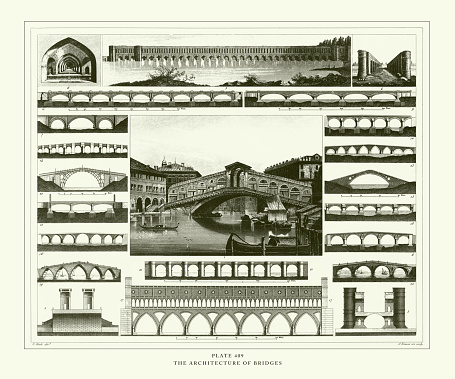 The Architecture of Bridges Engraving Antique Illustration, Published 1851. Source: Original edition from my own archives. Copyright has expired on this artwork. Digitally restored.