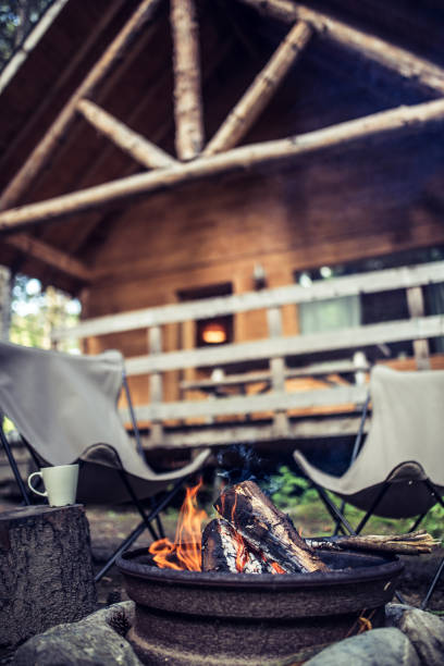 istock Campfire in front of a rustic house in the forest 1178832943
