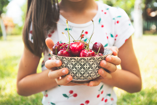 Little child holding bowl of cherries. Concept of healthy eating.