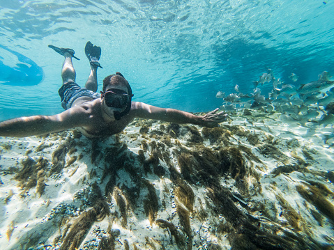 Man takes selfies underwater on crystal clear waters of the Silver Glen park in Florida