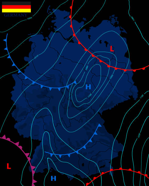 istock Weather map of the Germany. Meteorological forecast on a dark background. Editable vector illustration of a generic weather map showing isobars and weather fronts. 1178839523