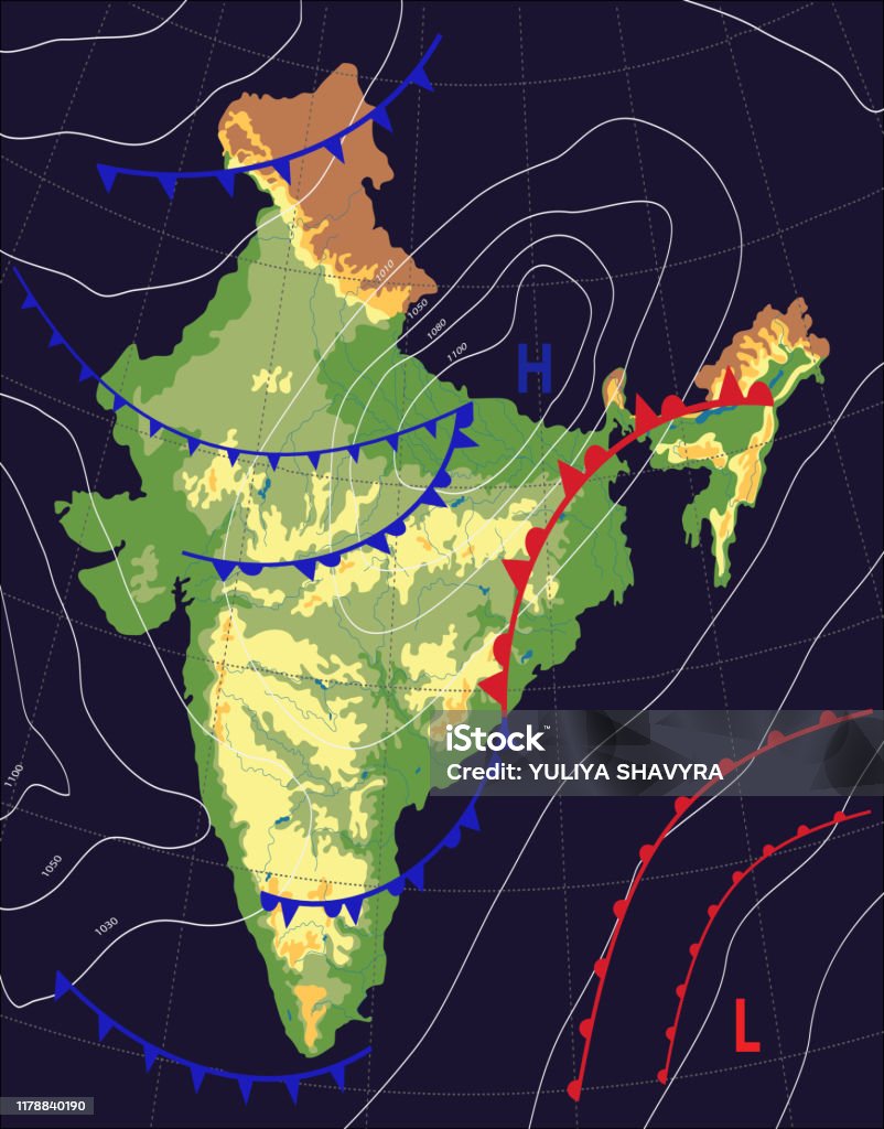 India Realistic Synoptic Map Of The India Showing Isobars And Weather  Fronts Meteorological Forecast On A Dark Background Editable Vector  Illustration Of A Generic Weather Map Eps 10 Stock Illustration - Download