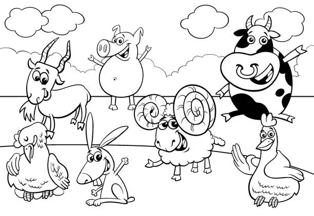 Vector illustration of black and white cartoon farm animal characters group