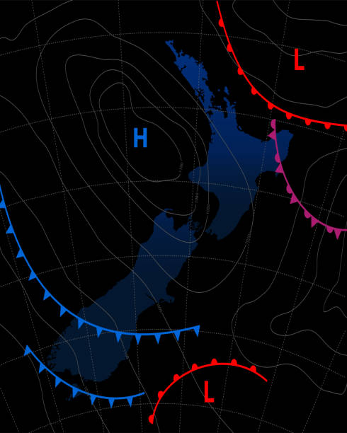 istock Weather map of the New Zealand . Meteorological forecast on a dark background. Editable vector illustration of a generic weather map showing isobars and weather fronts. 1178840283