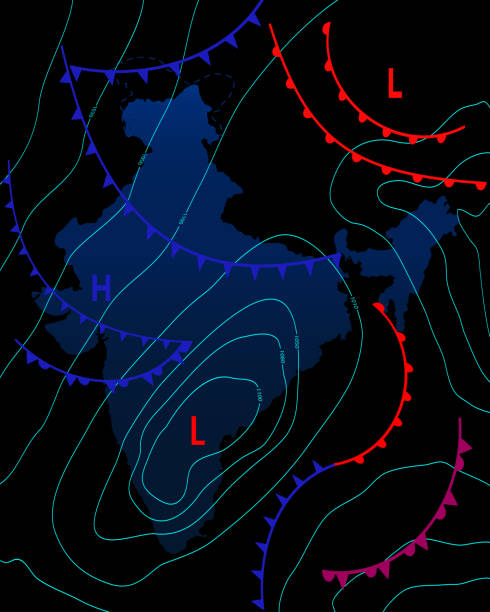 istock Weather map of the India. Meteorological forecast on a dark background. Editable vector illustration of a generic weather map showing isobars and weather fronts.EPS 10 1178840363