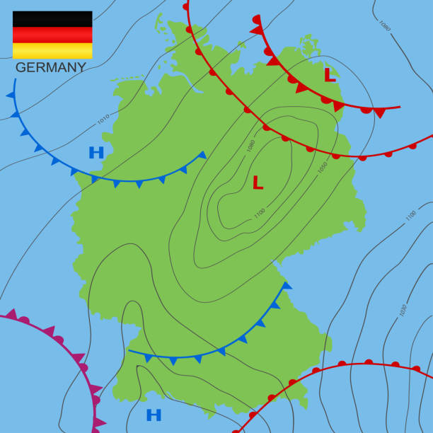 deutschland. realistische synoptische karte des deutschlands mit isobars und wetterfronten. meteorologische vorhersage. karte land mit nationalflagge. vektor-illustration. eps 10 - map germany topographic map vector stock-grafiken, -clipart, -cartoons und -symbole