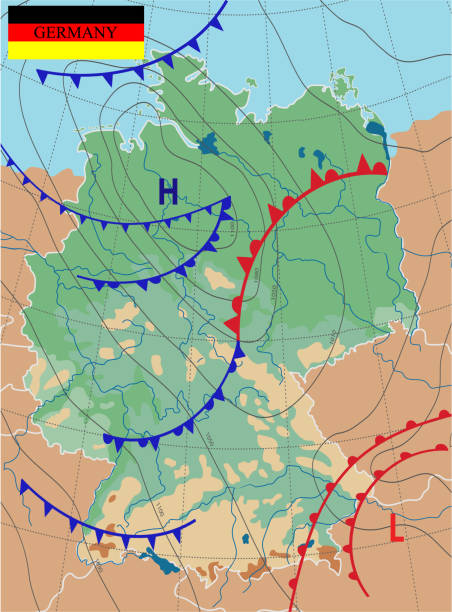 wetterkarte von deutschland. topographiekarte von deutschland. meteorologische vorhersage. bearbeitbare vektordarstellung einer generischen wetterkarte mit isobars und wetterfronten. topographie und physikalische karte - map germany topographic map vector stock-grafiken, -clipart, -cartoons und -symbole