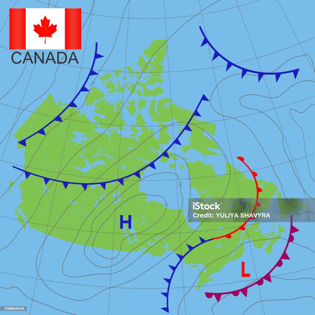 Canada. Realistic synoptic map of the Canada showing isobars and weather fronts. Meteorological forecast. Map country with national flag. Vector illustration. EPS 10 Canada. Realistic synoptic map of the Canada showing isobars and weather fronts. Meteorological forecast. Map country with national flag. Vector illustration. EPS 10. Canada stock vector