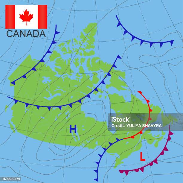 Canada Realistic Synoptic Map Of The Canada Showing Isobars And Weather Fronts Meteorological Forecast Map Country With National Flag Vector Illustration Eps 10 Stock Illustration - Download Image Now