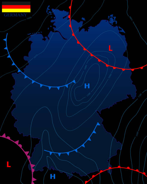 istock Weather map of the Germany. Meteorological forecast on a dark background. Editable vector illustration of a generic weather map showing isobars and weather fronts. 1178840499