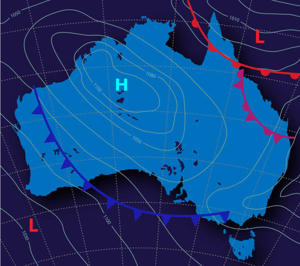 istock Meteological weather forecast on the map of Australia on a dark background. Realistic synoptic map with aditable generic map showing isobars and weather fronts. Topography and physical map. 1178840708