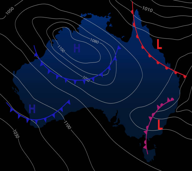 istock Weather map of the Australia. Meteorological forecast on a dark background. Editable vector illustration of a generic weather map showing isobars and weather fronts. 1178840731