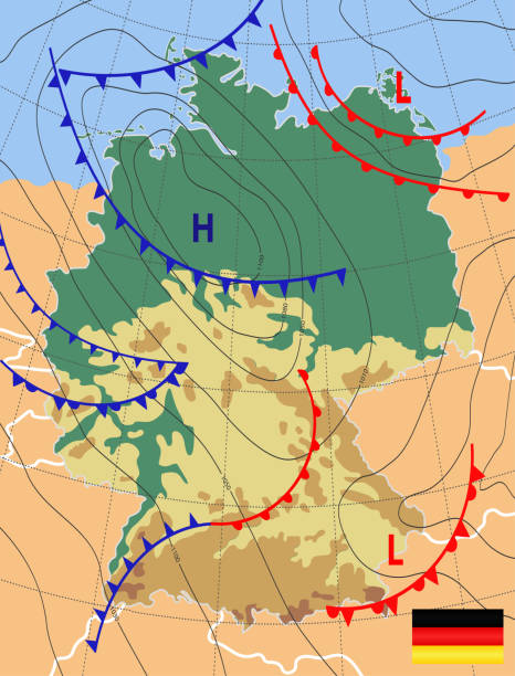 illustrazioni stock, clip art, cartoni animati e icone di tendenza di germania. mappa meteorologica della germania. previsioni meteorologiche. illustrazione vettoriale modificabile di una mappa meteorologica generica che mostra isobare e fronti meteorologici. eps 10 - map germany topographic map vector