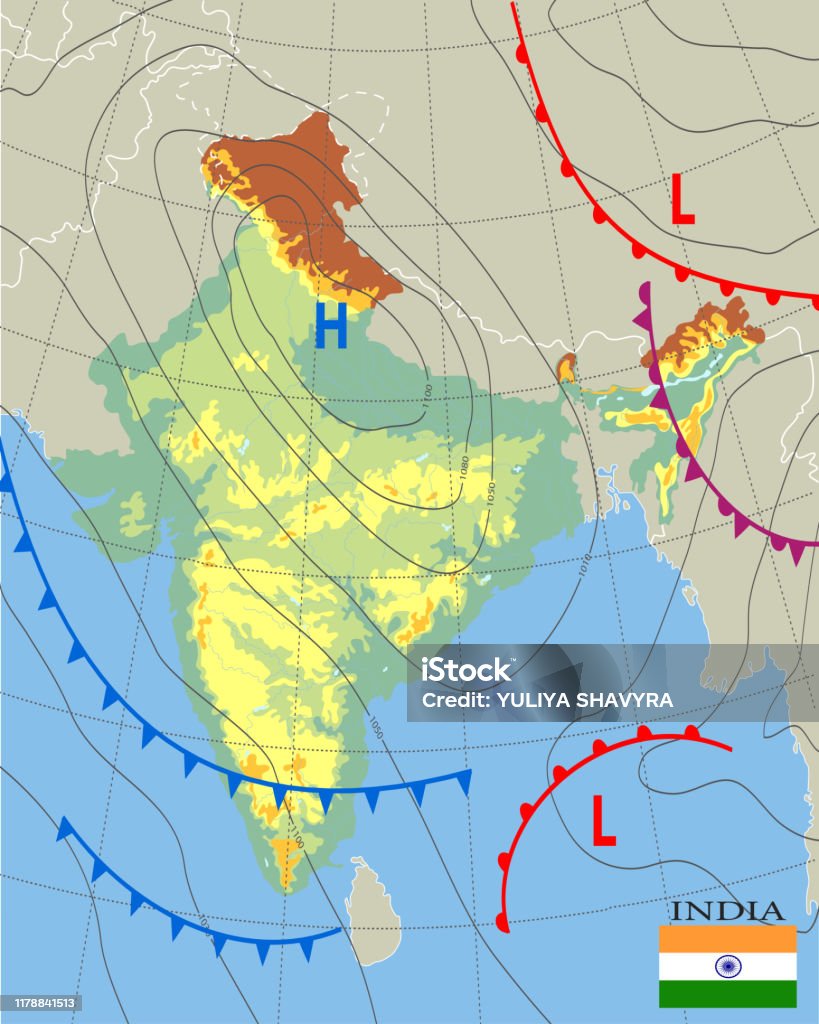 India Realistic Synoptic Map Of The India Showing Isobars And Weather  Fronts Meteorological Forecast Topography And Physical Map Of Country With  National Flag Vector Illustration Eps 10 Stock Illustration - Download Image