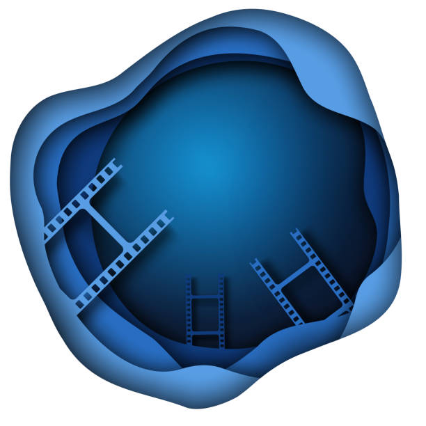 illustrations, cliparts, dessins animés et icônes de décorations de cinéma coupées en papier avec le cadre de bande de film d'isolement sur le public bleu de fond en cercle. template cinéma avec de l'espace pour votre texte. conception pour l'affiche de festival, bannière, dépliant, brochure, couvertur - camera sculpture