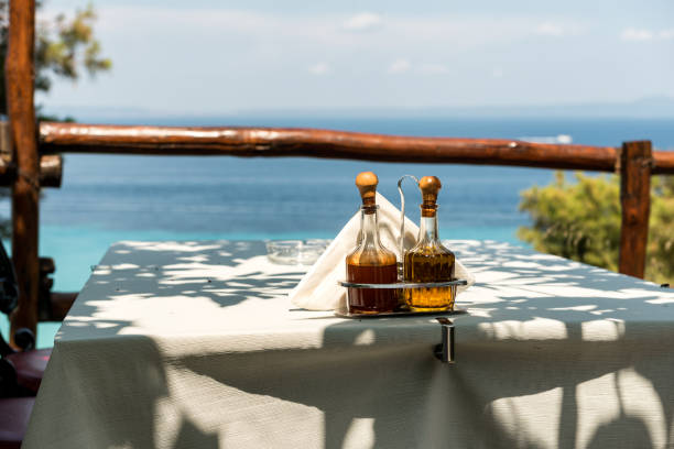 Olive oil and balsamic vinegar on a Greek Mediterranean restaurant table