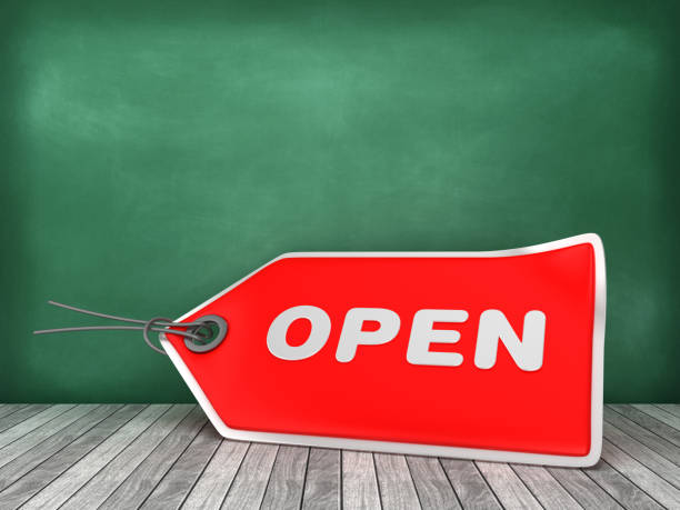 istock OPEN Price Tag on Chalkboard Background - 3D Rendering 1178843110