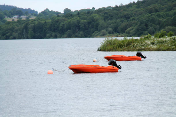 small rescue boats. - nobody inflatable equipment rope imagens e fotografias de stock