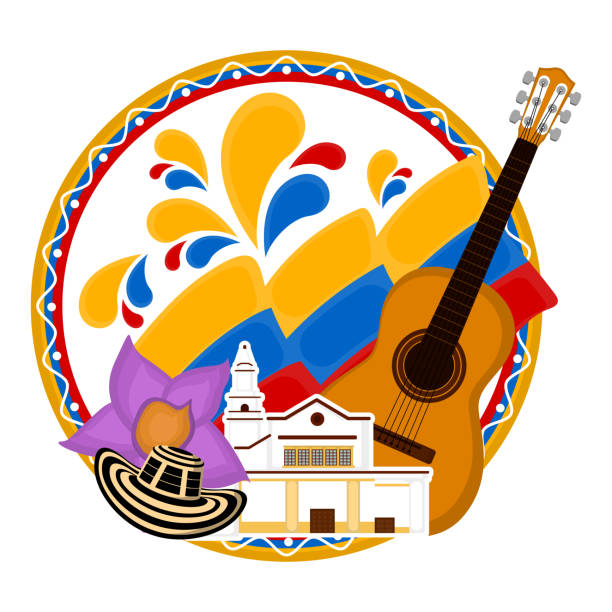 Representative image of Colombia Church building with a flag, flower and guitar. Representative image of colombia - Vector colombia stock illustrations