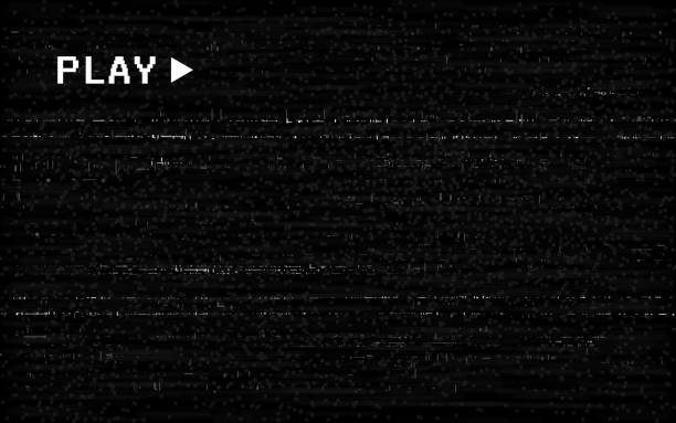 Glitch VHS effect. Old camera template. White horizontal lines on black background. Video rewind texture. No signal concept. Random abstract distortions. Vector illustration Glitch VHS effect. Old camera template. White horizontal lines on black background. Video rewind texture. No signal concept. Random abstract distortions. Vector illustration. videocassette stock illustrations