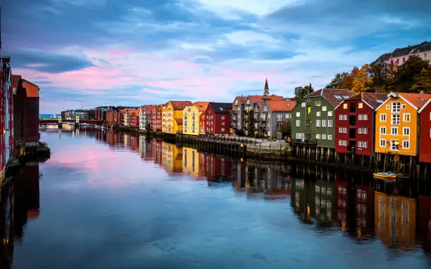 Trondheim view at sunset time from Old Town Bridge.
Norway