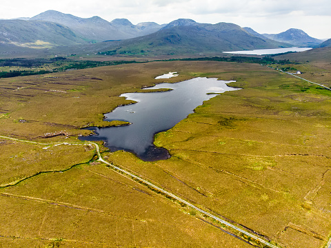 Beautiful aerial view of Connemara National Park, famous for its bogs, heaths and lakes, County Galway, Ireland