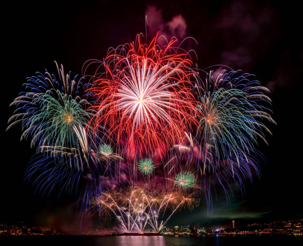 istock Huge Epic fireworks over lake water display for holiday celebration with Seattle skyline in background 1178858385