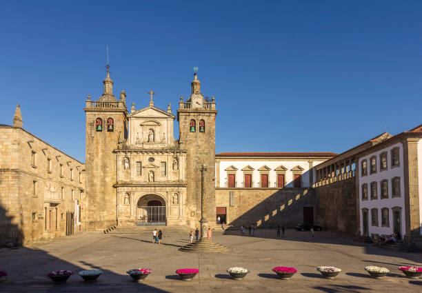 View of the main facade of the Sé Cathedral of Viseu in Portugal. stock photo