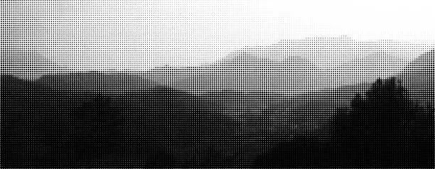 Vector illustration of black and white halftone mountain panorama background
