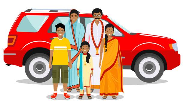 가족 및 사회적 개념. 다른 나이에 인도 사람 세대. 전통 국가 옷을 입은 사람들의 집합. 아버지, 어머니, 차 근처에 함께 서있는 소년. 벡터 그림입니다. - india car indian culture indian ethnicity stock illustrations