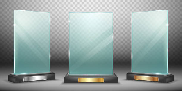 ilustrações, clipart, desenhos animados e ícones de troféu de vidro ou prêmio vencedor acrílico realista - podium pedestal silver three dimensional shape